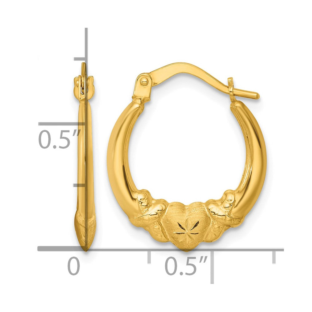 14k Polished Brushed and Diamond-cut Heart Hoop Earrings