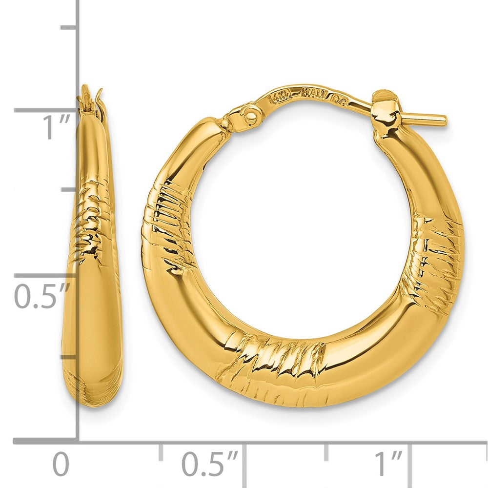 14k Polished and Grooved Round Hoop earrings