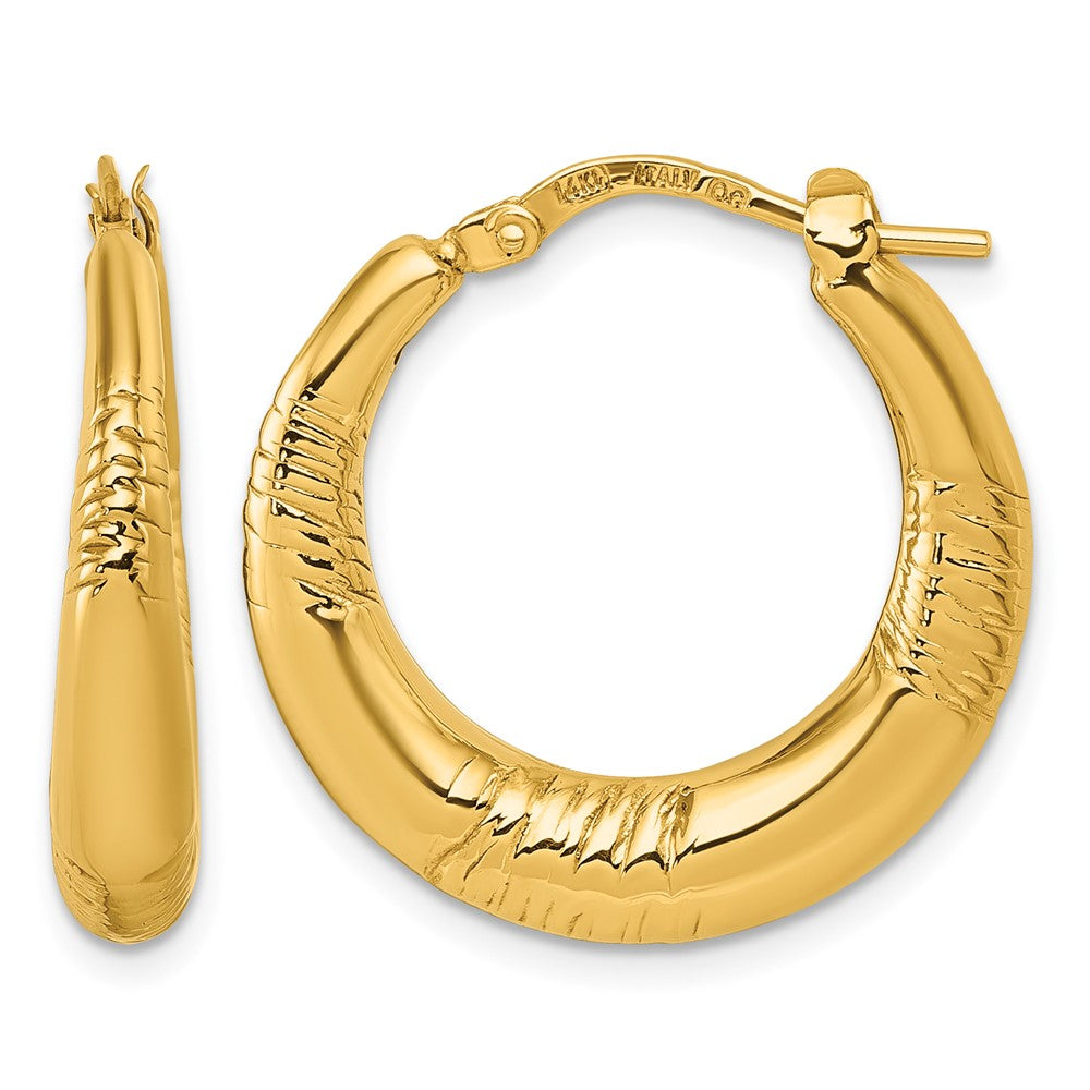14k Polished and Grooved Round Hoop earrings