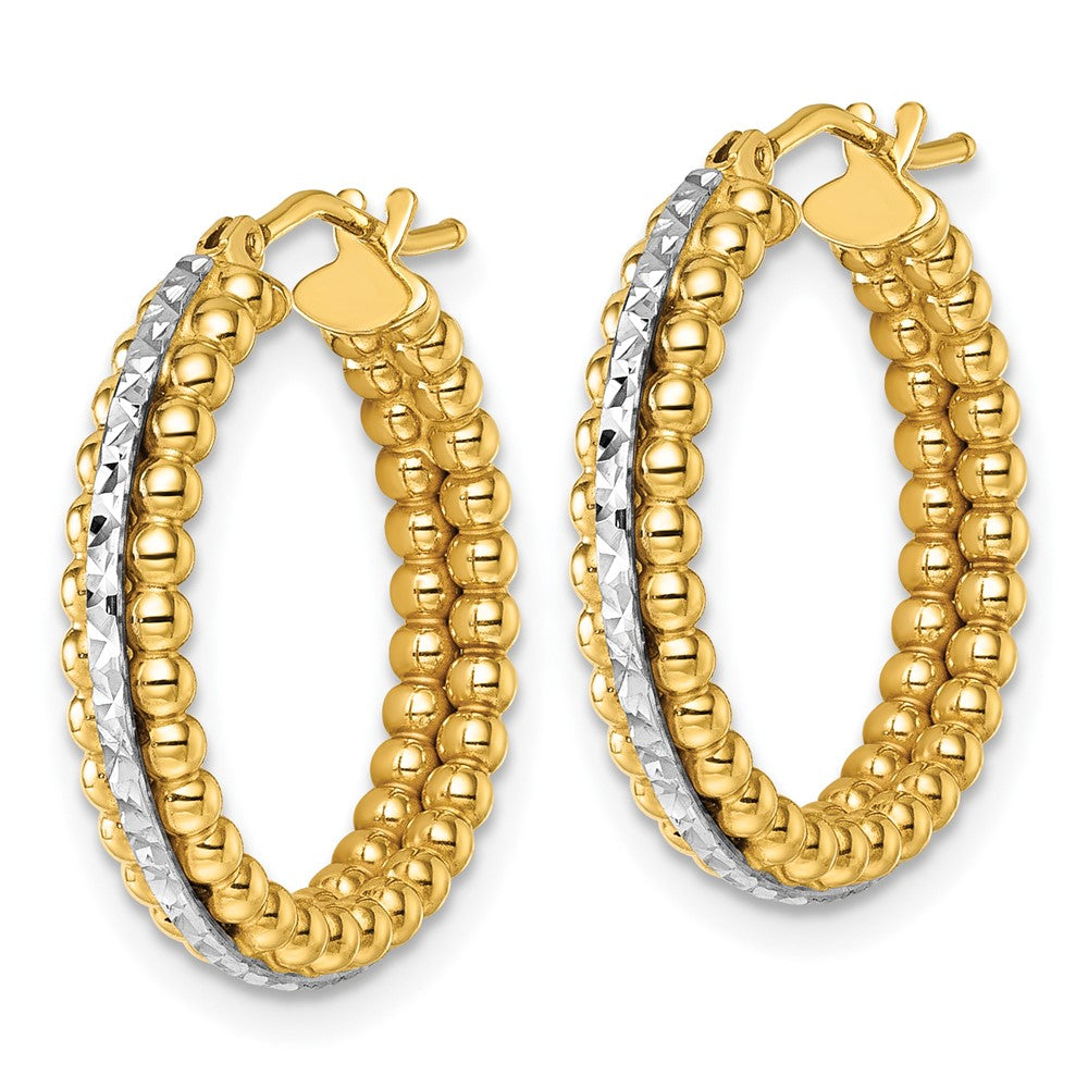 14k Two Tone Polished and Diamond-cut and Beaded Hoop earrings