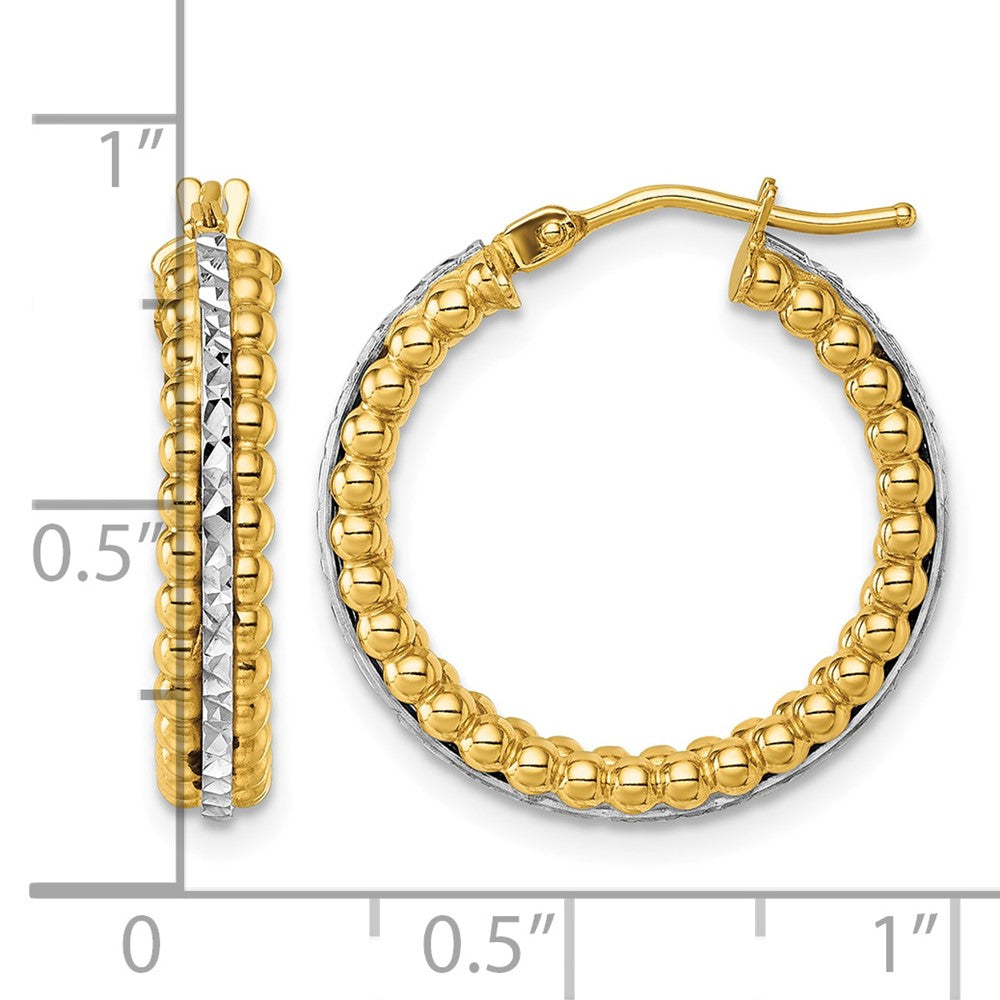 14k Two Tone Polished and Diamond-cut and Beaded Hoop earrings
