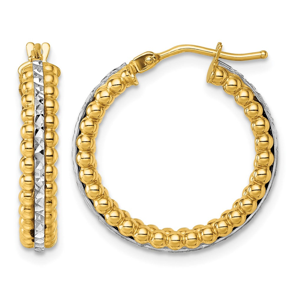 14k Two Tone Polished and Diamond-cut and Beaded Hoop earrings