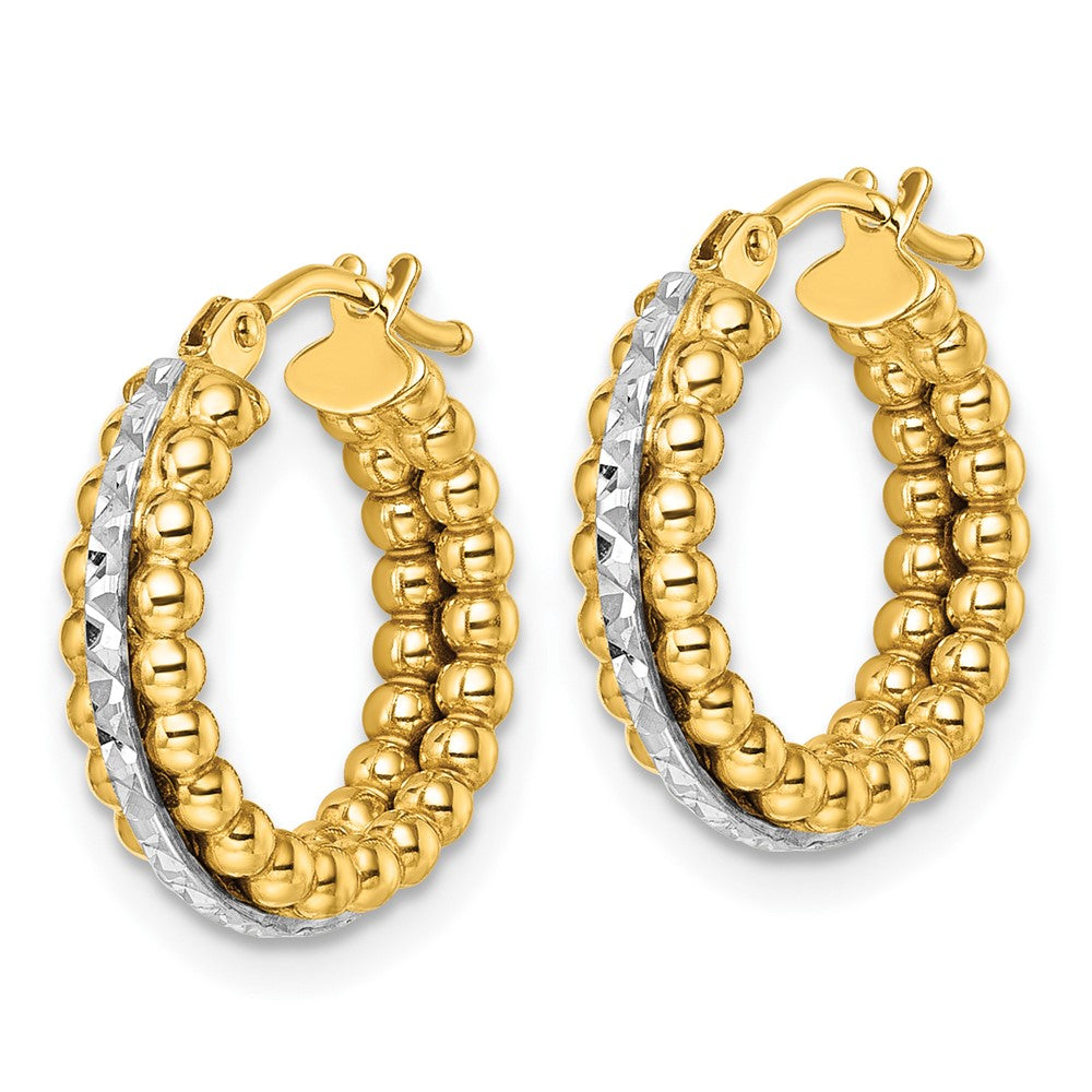 14k Two Tone Polished and Diamond-cut and Beaded Hoop earrings