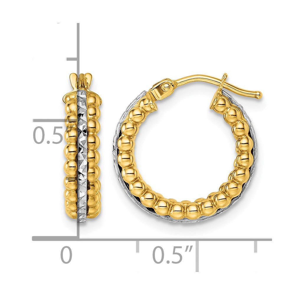 14k Two Tone Polished and Diamond-cut and Beaded Hoop earrings
