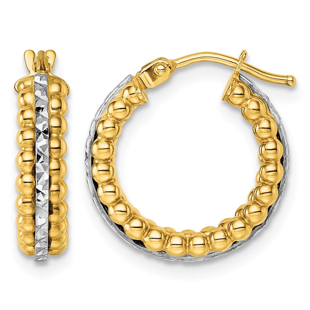 14k Two Tone Polished and Diamond-cut and Beaded Hoop earrings