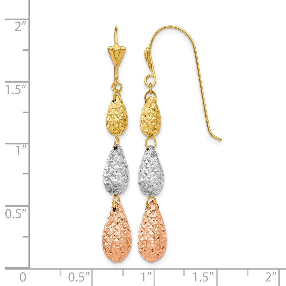 14k Tri-color Puff Diamond-cut Teardrop Dangle Earrings