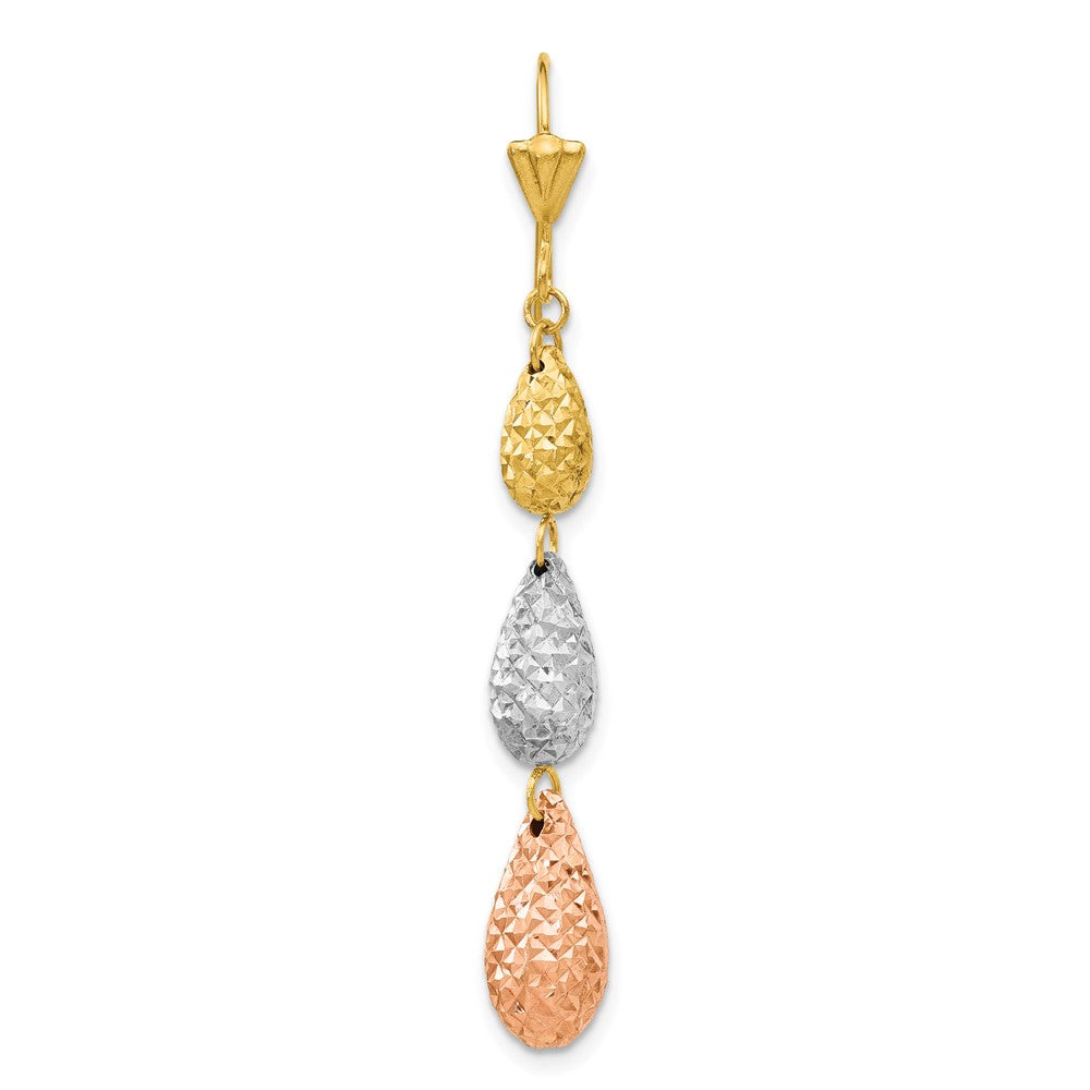 Single 14k Tri-color Puff Diamond-cut Teardrop Dangle Earring