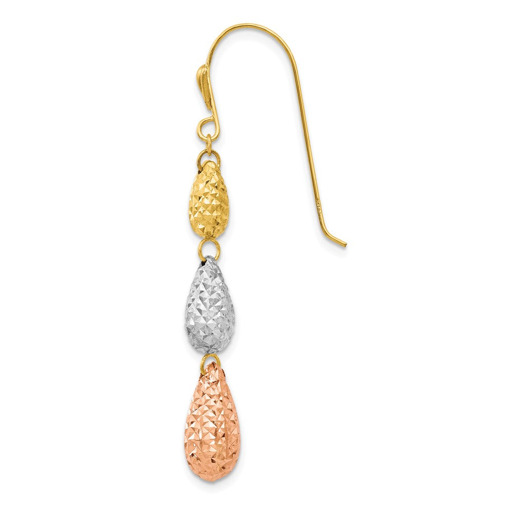 Single 14k Tri-color Puff Diamond-cut Teardrop Dangle Earring