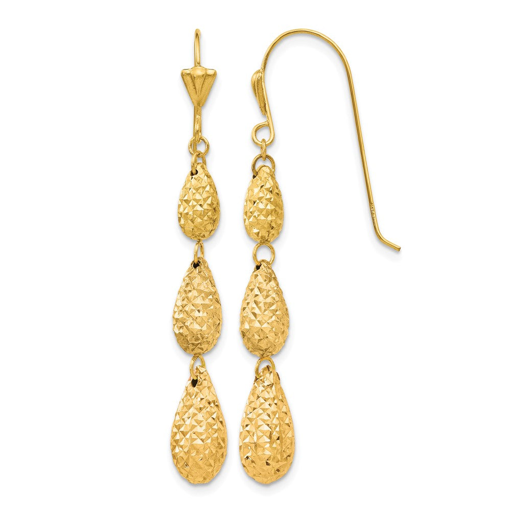 14k Puff Diamond-cut Teardrop Dangle Earrings