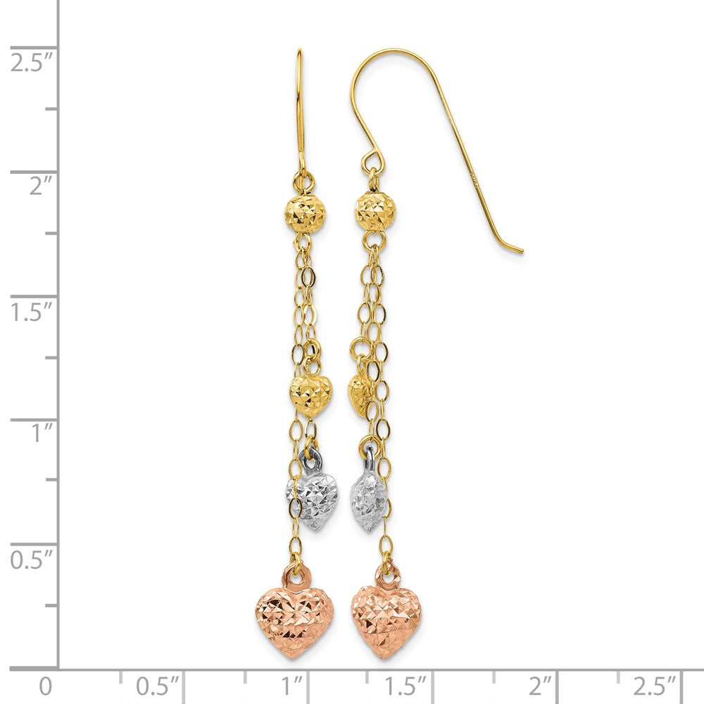 14k Tri-color Puff Heart Dangle Earrings