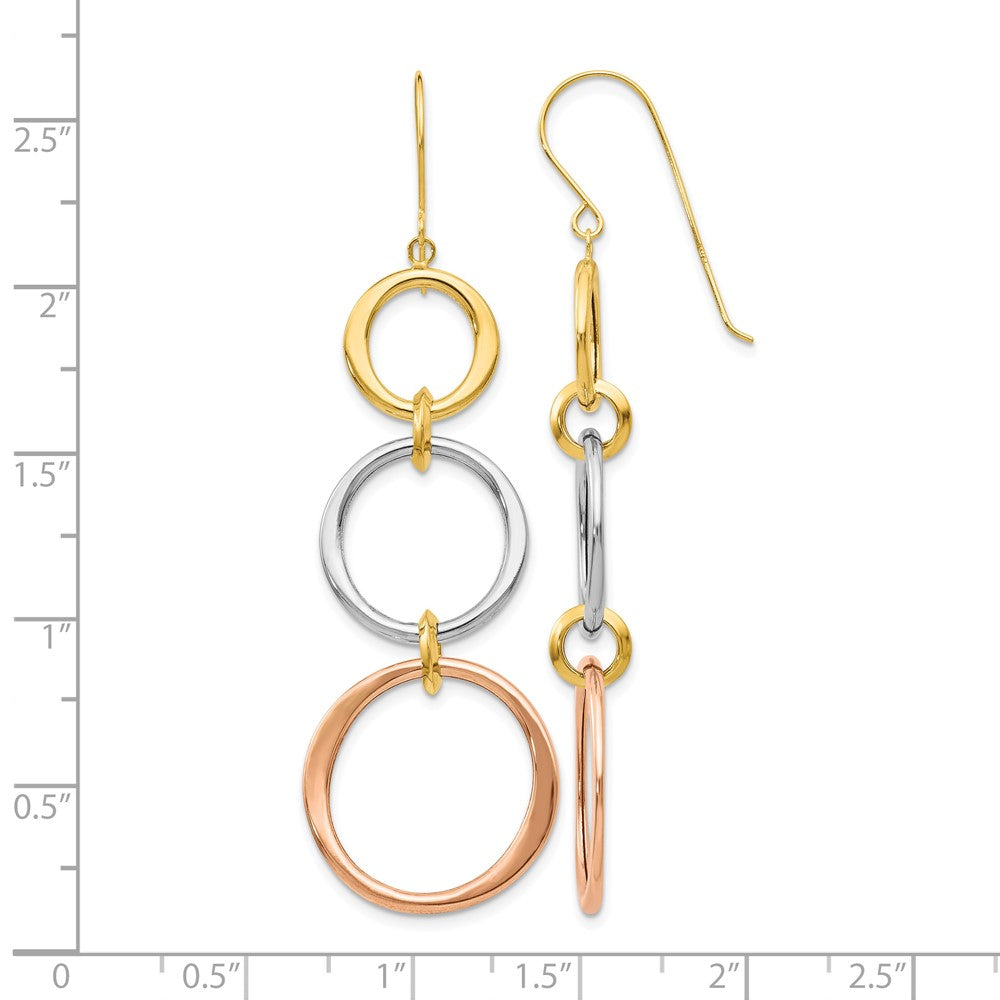 14k Tri-color Triple Circle Dangle Earrings