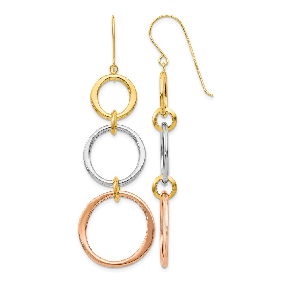 14k Tri-color Triple Circle Dangle Earrings