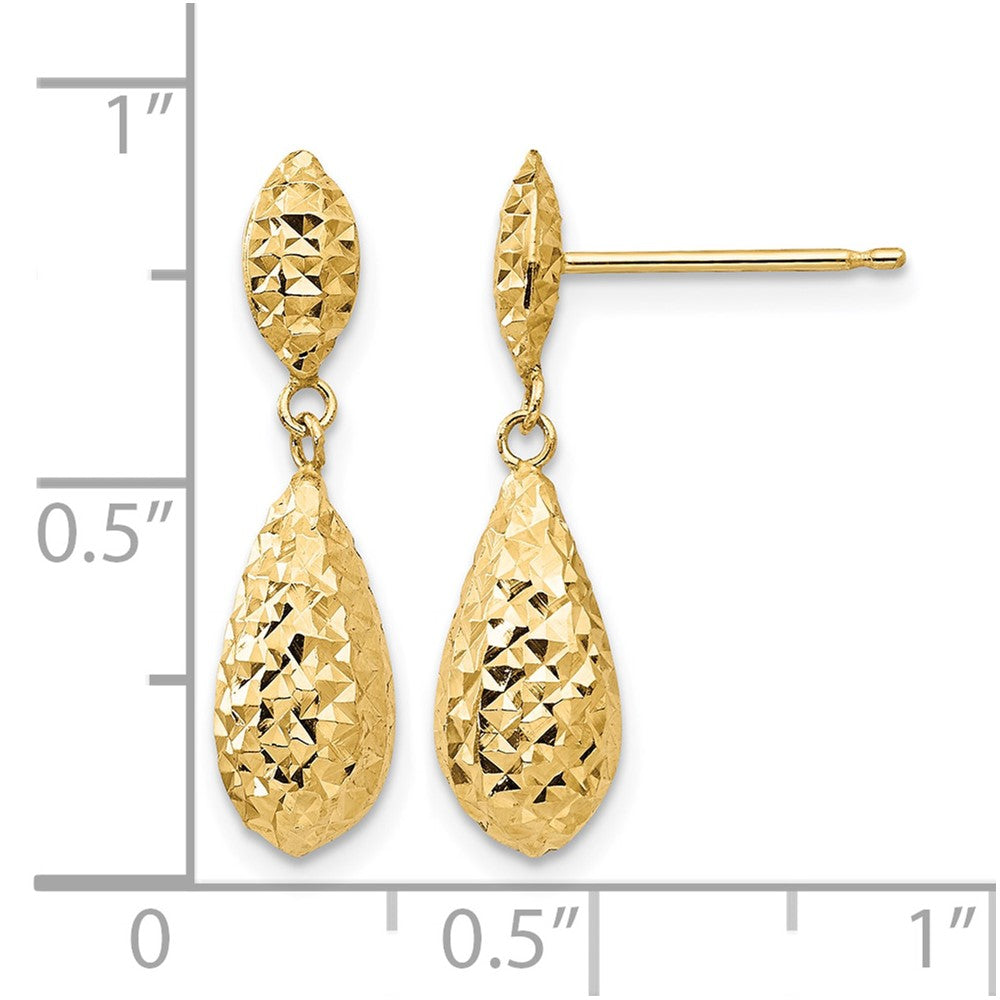 14k Diamond-cut Puff Teardrop Dangle Earrings