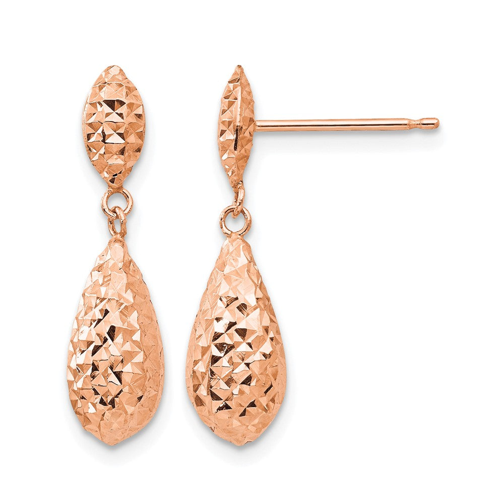 14k Rose Gold Diamond-cut Puff Teardrop Dangle Earrings