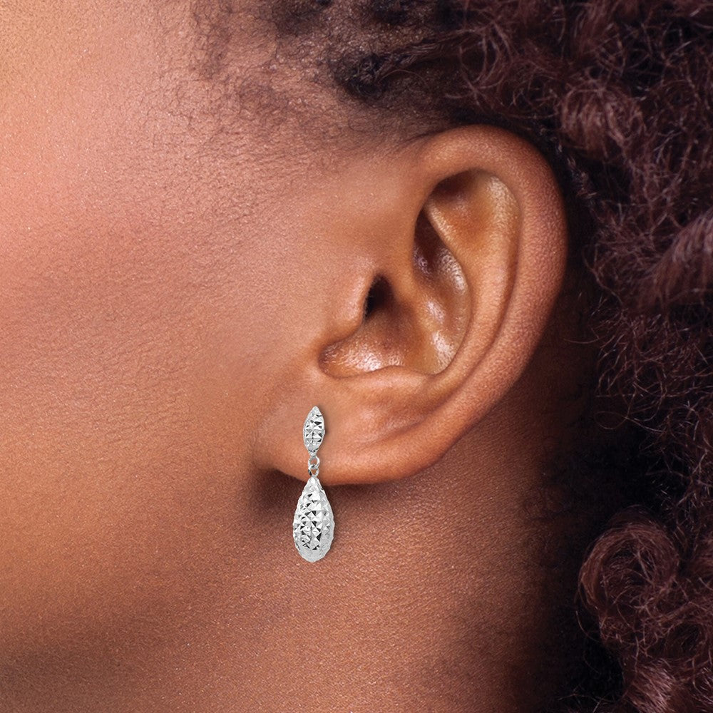 14k White Gold Diamond-cut Puff Teardrop Dangle Earrings