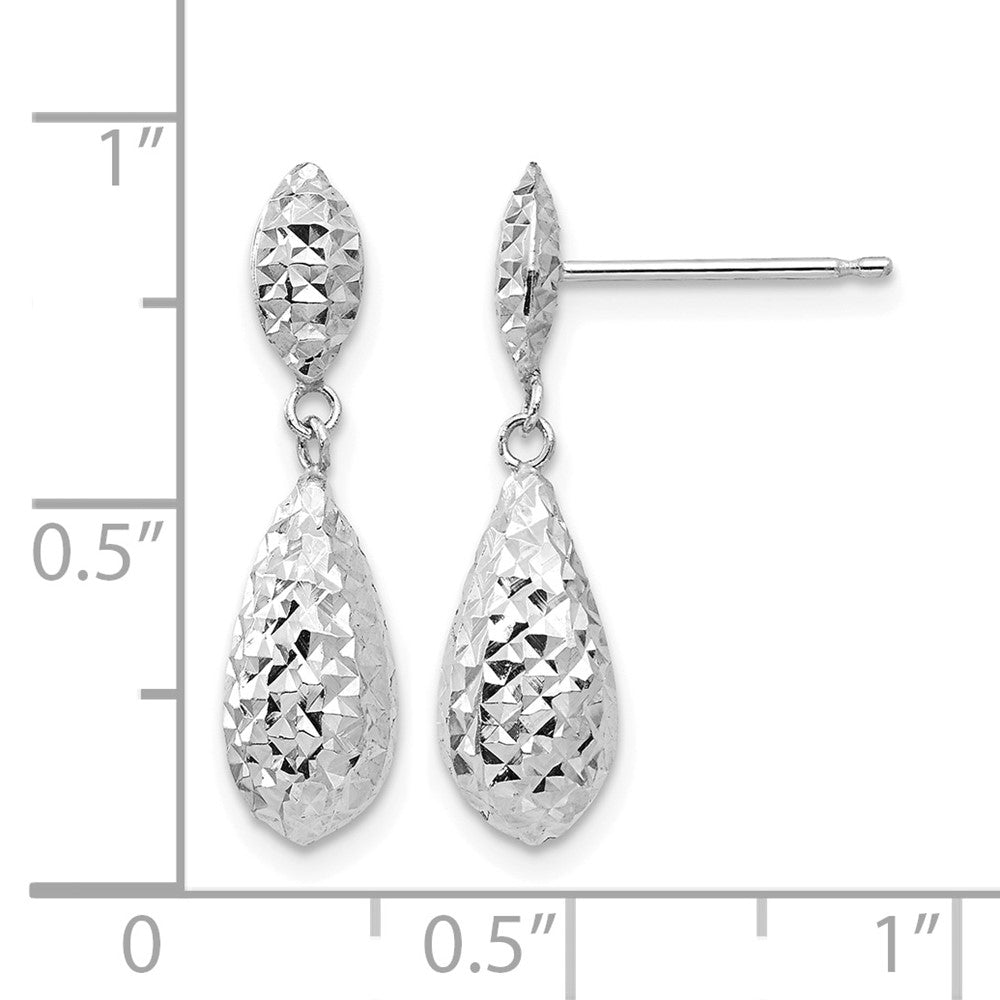 14k White Gold Diamond-cut Puff Teardrop Dangle Earrings