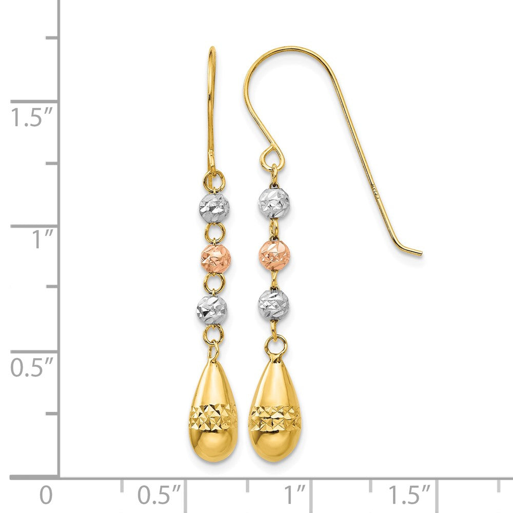 14k Tri-color Diamond-cut Teardrop Beaded Puff Dangle Earrings