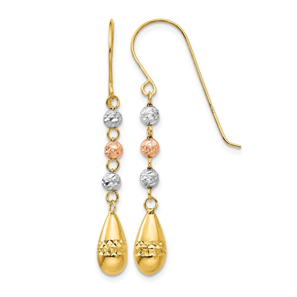 14k Tri-color Diamond-cut Teardrop Beaded Puff Dangle Earrings
