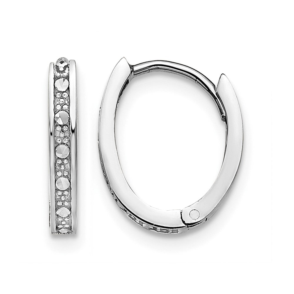 14k White Gold Diamond-cut Oval Hinged Hoop Earrings