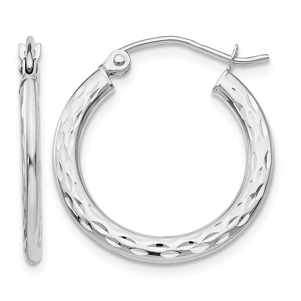 14K White Gold Diamond-cut 2.5x20mm Hollow Hoop Earrings