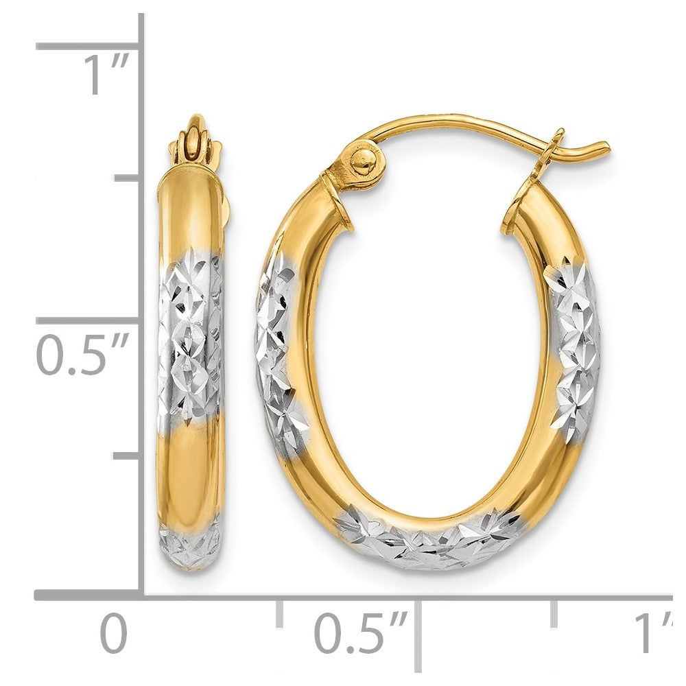 14K & Rhodium 3mm Diamond Cut Oval Hollow Hoop Earrings