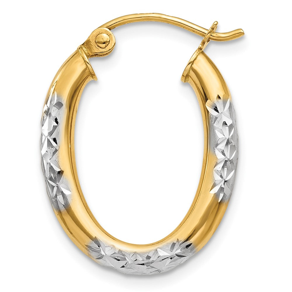 Single 14K & Rhodium 3mm Diamond Cut Oval Hollow Hoop Earring