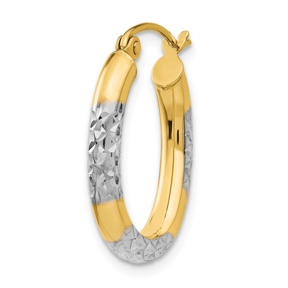 Single 14K & Rhodium 3mm Diamond Cut Oval Hollow Hoop Earring