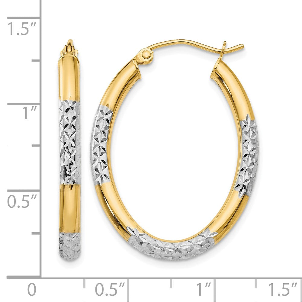14K w/ White Rhodium 3mm Diamond Cut Oval Hollow Hoop Earrings