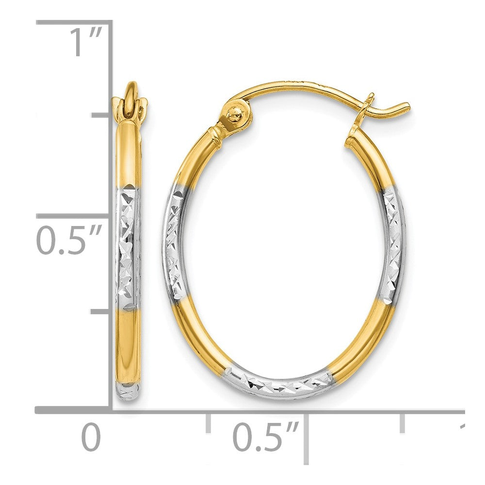14K w/White Rhodium Diamond Cut Oval Hoop Earrings