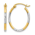 14K w/White Rhodium Diamond Cut Oval Hoop Earrings