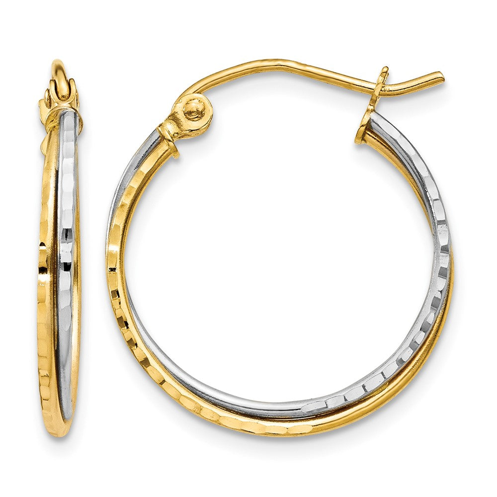 14K Yellow and White Gold Diamond Cut Twisted Hoop Earrings