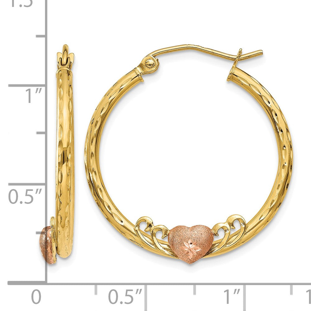 14K & Rose Heart D/C Hoop Earrings