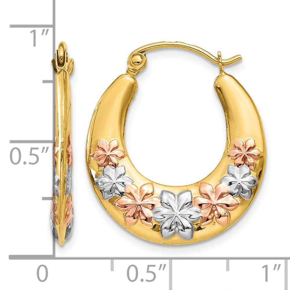 14K & White and Rose Rhodium Hollow Flowers Hoop Earrings