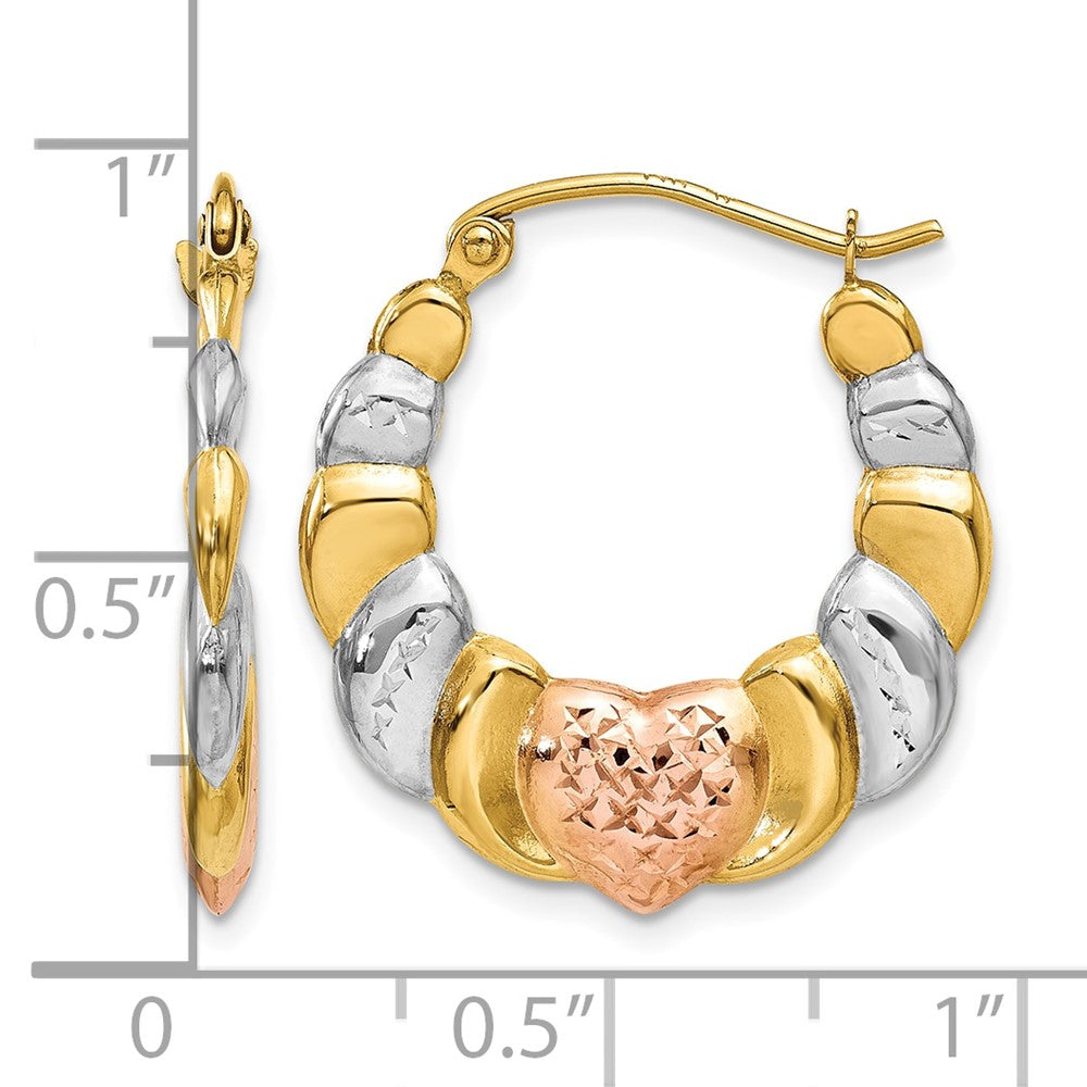 14K & White and Rose Rhodium Scalloped Heart Hoop Earrings