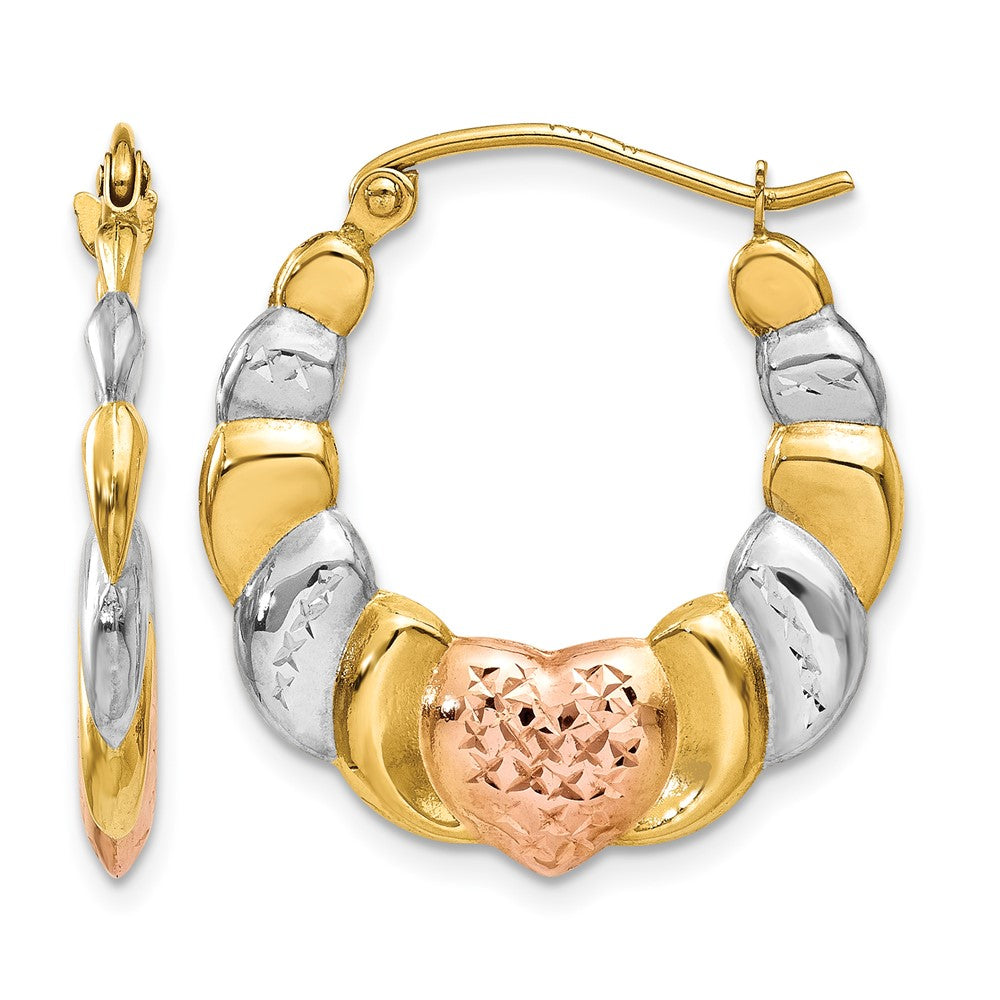 14K & White and Rose Rhodium Scalloped Heart Hoop Earrings