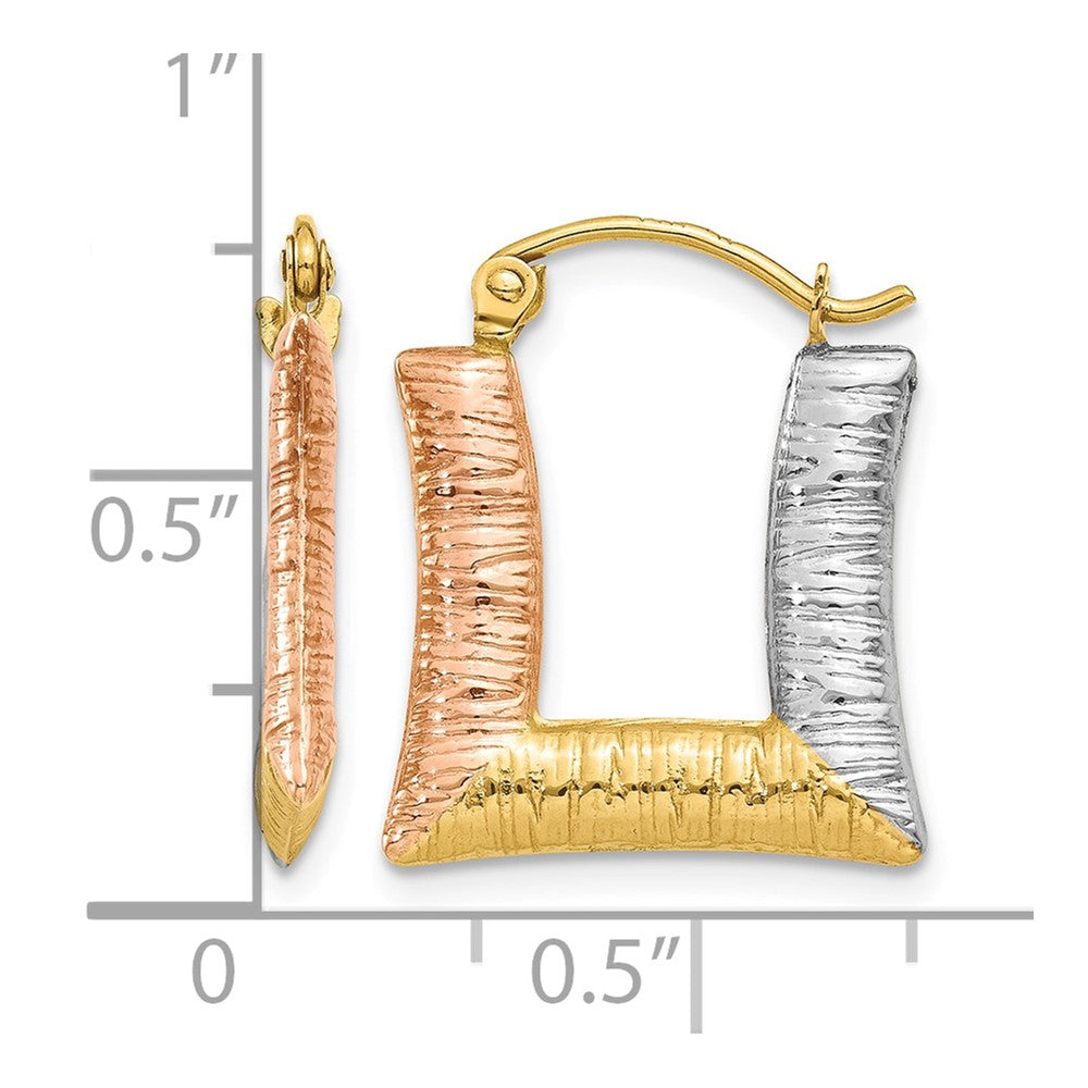 14K & White & Rose Rhodium Hollow Textured Square Hoop Earrings