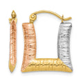 14K & White & Rose Rhodium Hollow Textured Square Hoop Earrings