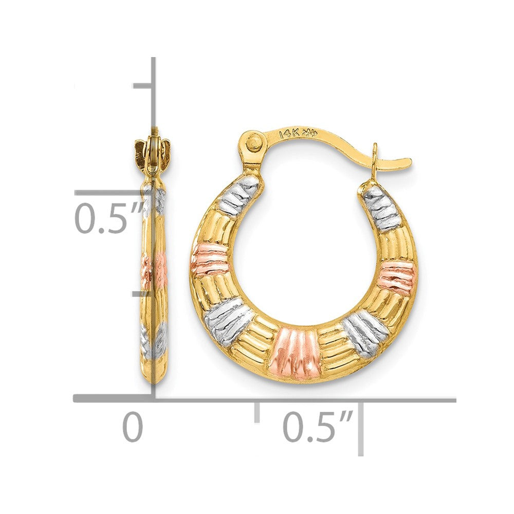 14K & White and Rose Rhodium Hollow Textured Hoop Earrings
