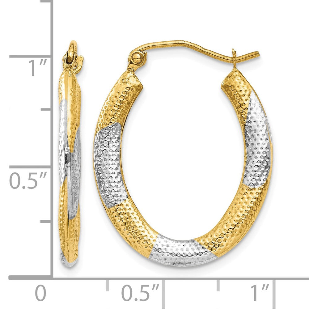 14K & Rhodium Textured Hollow Oval Hoop Earrings