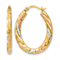 14K & White & Rose Rhodium Oval Hollow Scallop Hoop Earrings
