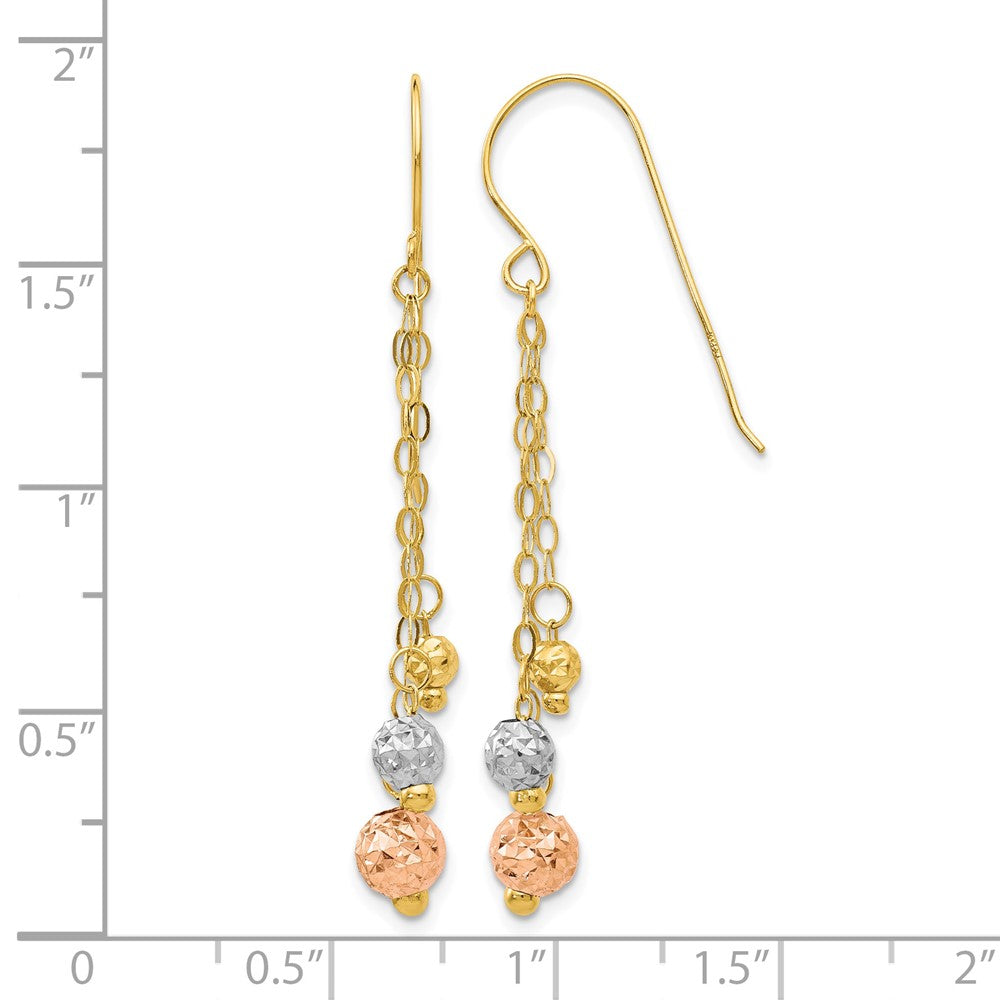 14K Tri-color w/Diamond-cut Beads Dangle Earrings