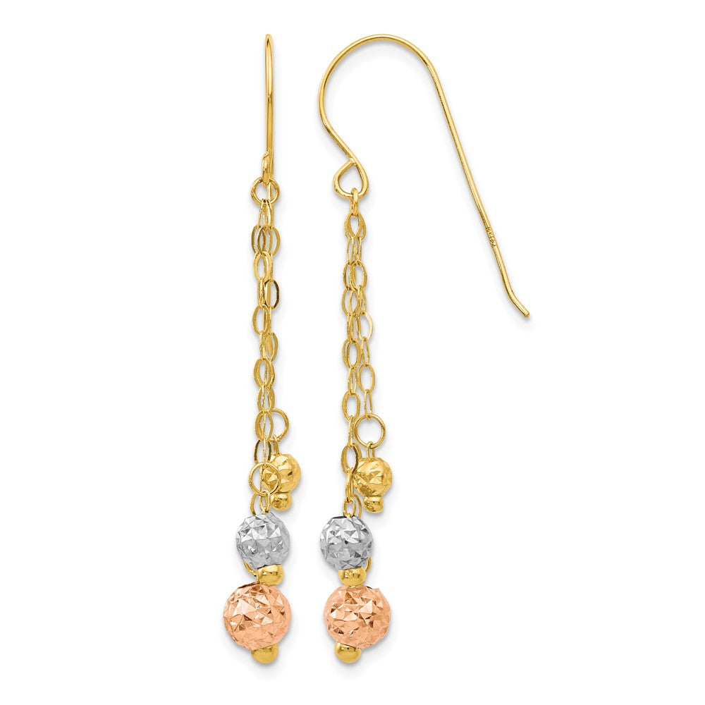14K Tri-color w/Diamond-cut Beads Dangle Earrings