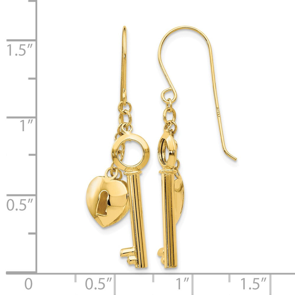 14K Gold Puff Heart Lock and Key Earrings