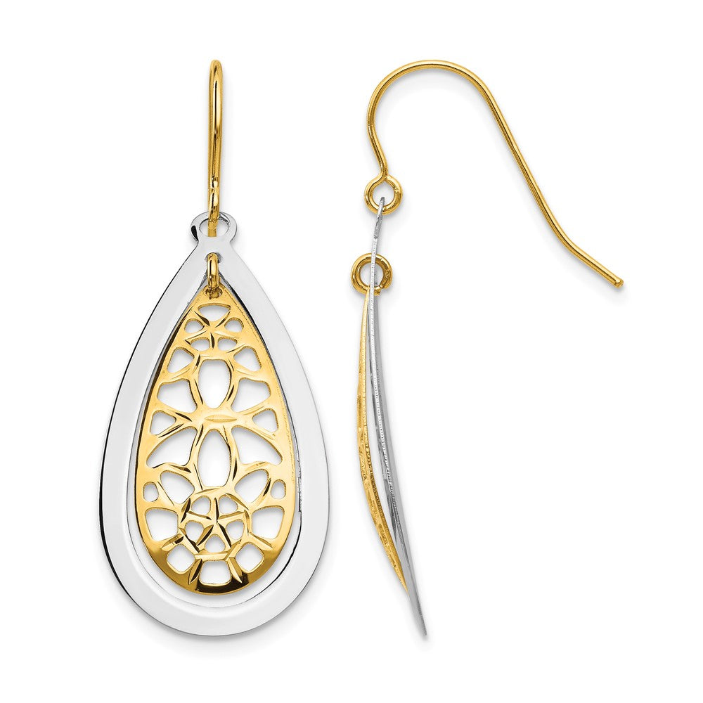 14k Two-tone Diamond Cut Polished Fancy Dangle Earrings
