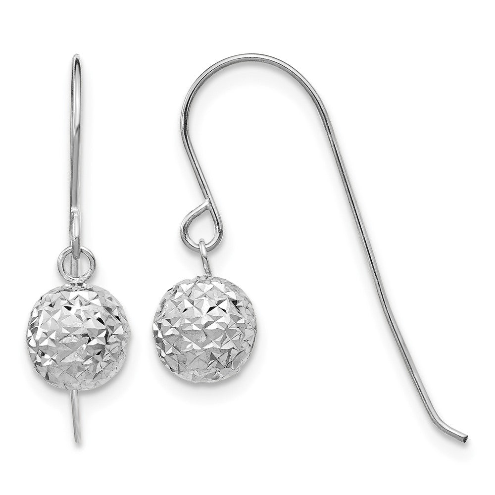 14K White Gold 6mm Diamond Cut Ball Dangle Earrings
