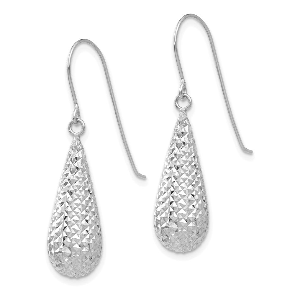 14K White Gold Diamond Cut Puff Tear Drop Dangle Earrings