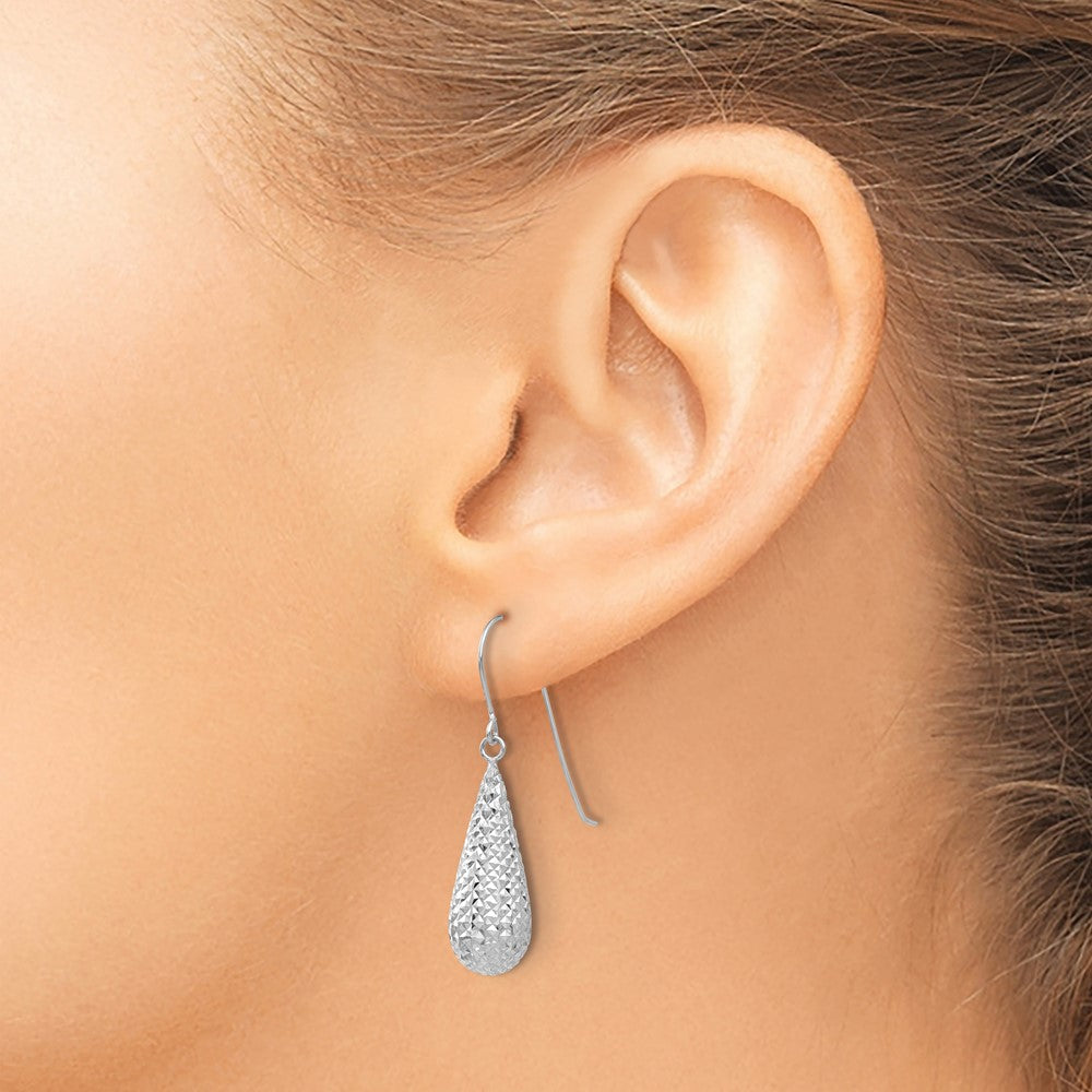 14K White Gold Diamond Cut Puff Tear Drop Dangle Earrings