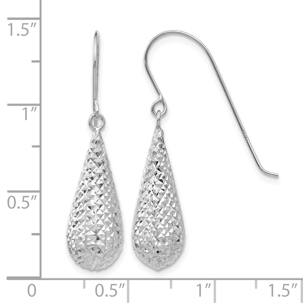 14K White Gold Diamond Cut Puff Tear Drop Dangle Earrings