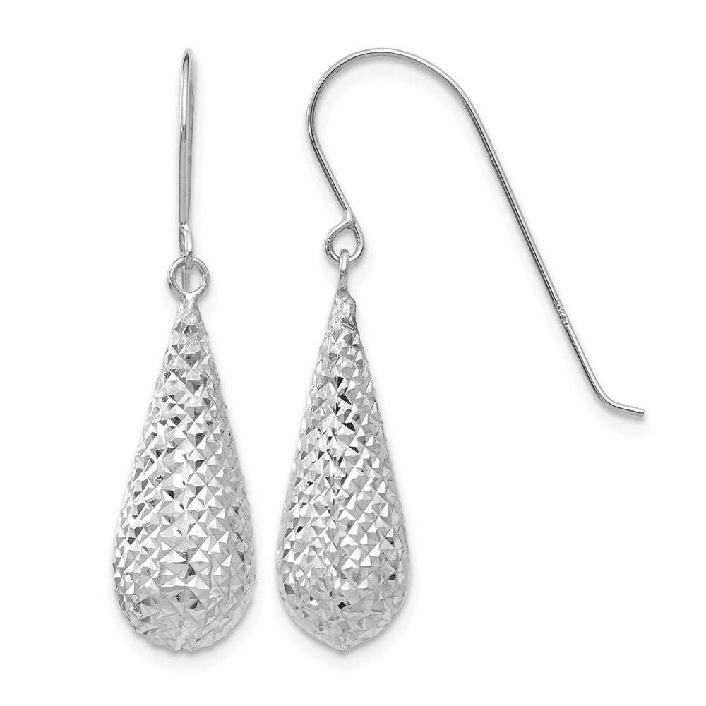 14K White Gold Diamond Cut Puff Tear Drop Dangle Earrings