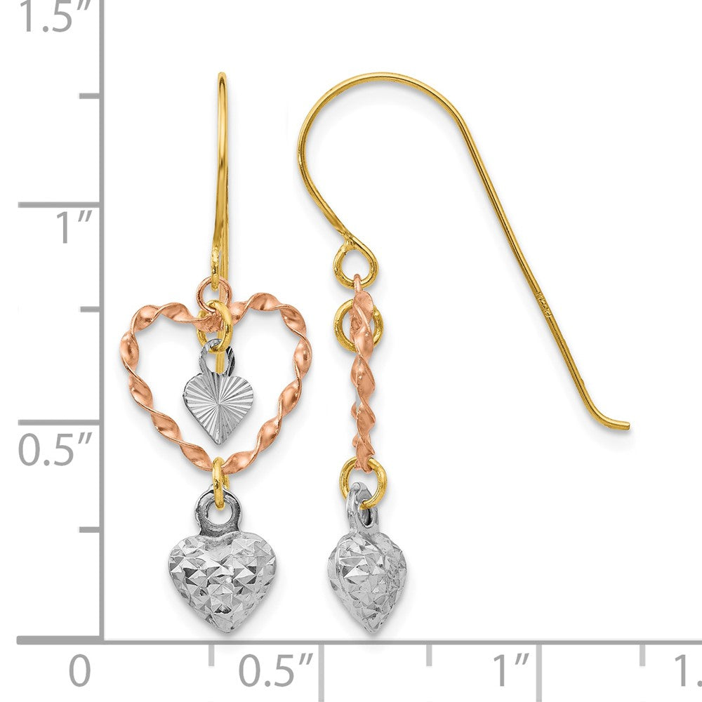14k Tri-color Diamond Cut Heart Dangle Earrings